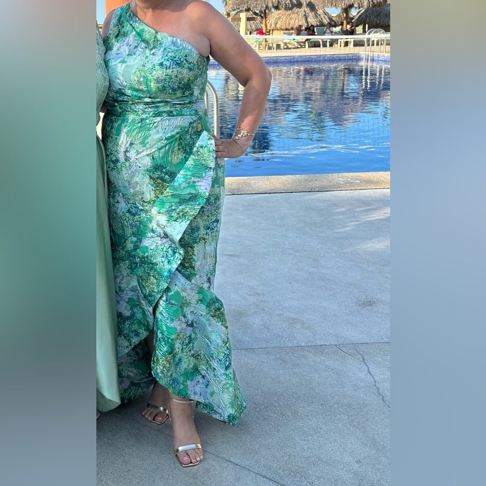 Teri Jon by Rickie Freeman One Shoulder Jacquard Front Slit Gown